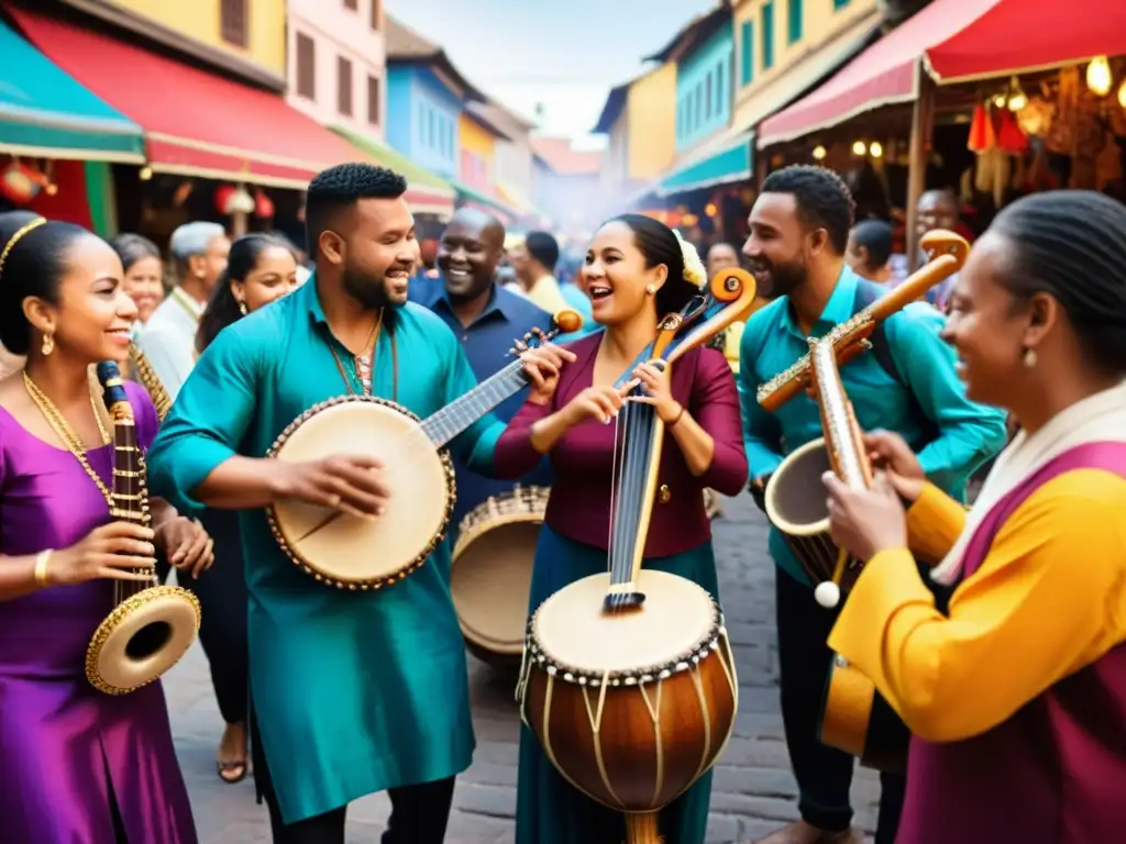 Un vibrante mercado con músicos étnicos y una multitud diversa disfrutando de la música en directo