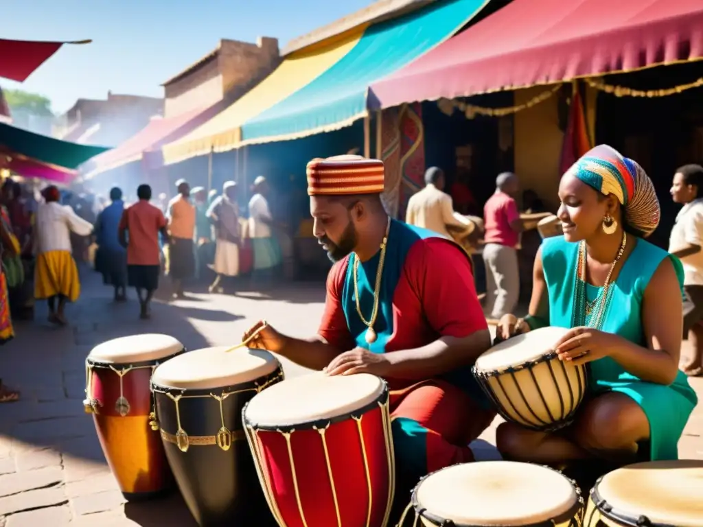 Un vibrante mercado donde músicos tocan percusiones narran historias culturales, envueltos en coloridas telas y joyas