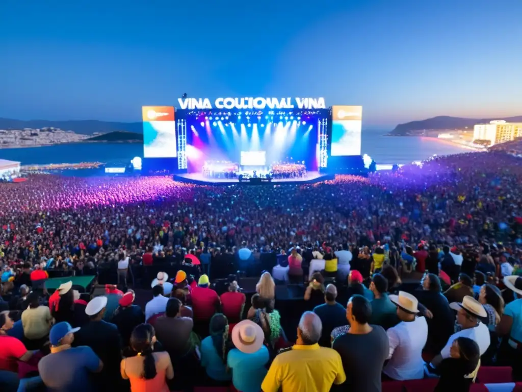 Vibrante multitud en el Festival Internacional de la Canción Viña del Mar, con artistas en escena, luces coloridas y ambiente festivo