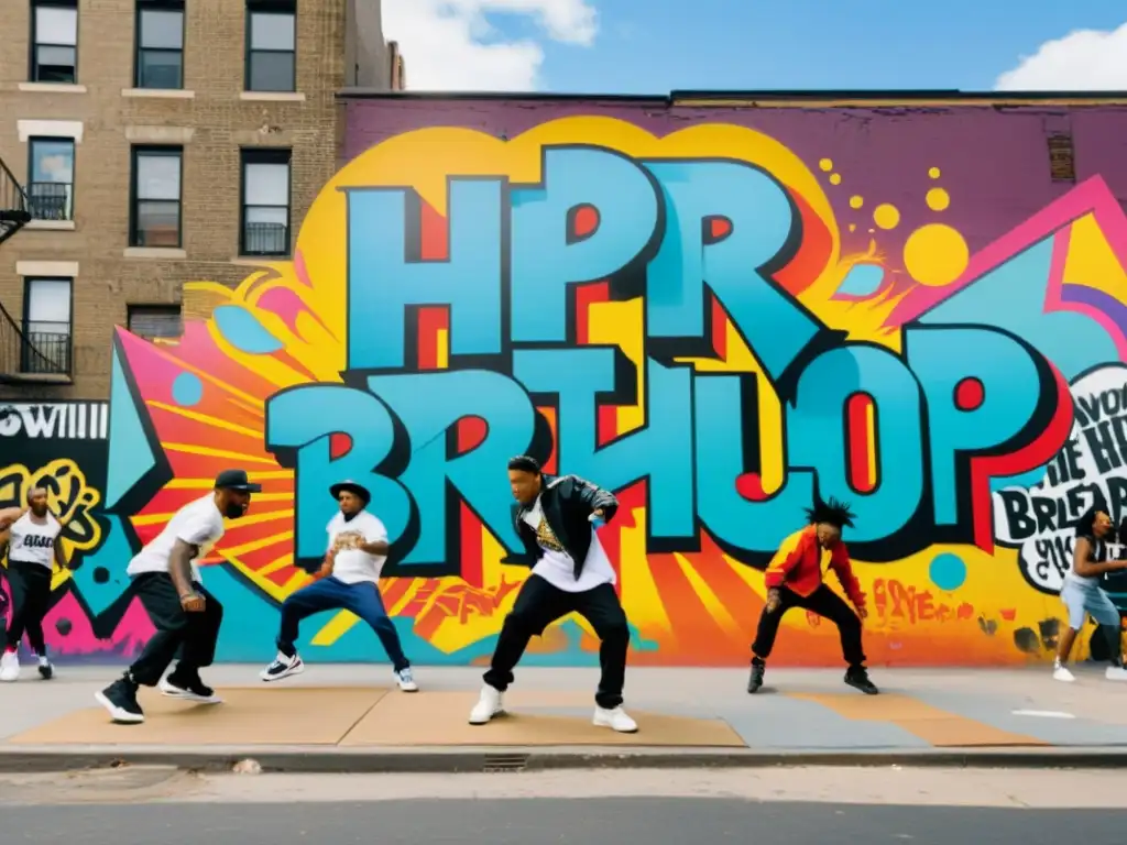 Vibrante mural del Bronx capturando la importancia cultural del hip hop con grafitis y jóvenes breakdancers en movimiento