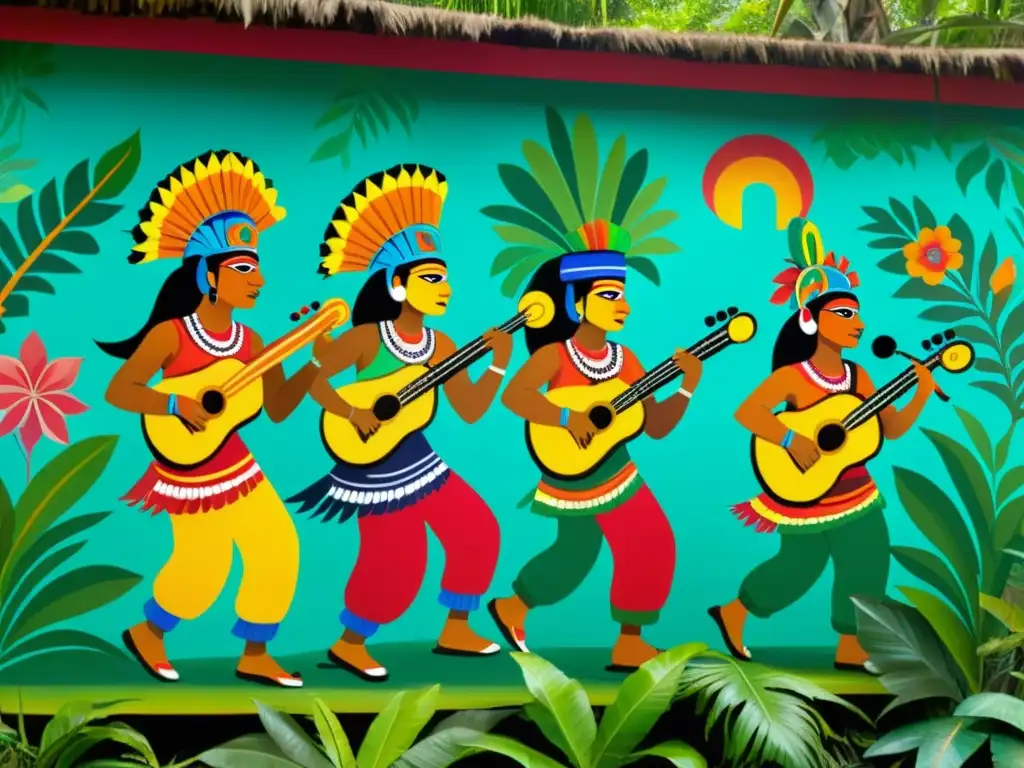 Vibrante mural de músicos mayas tocando instrumentos tradicionales en la selva, capturando la esencia de la música en la cosmovisión prehispánica