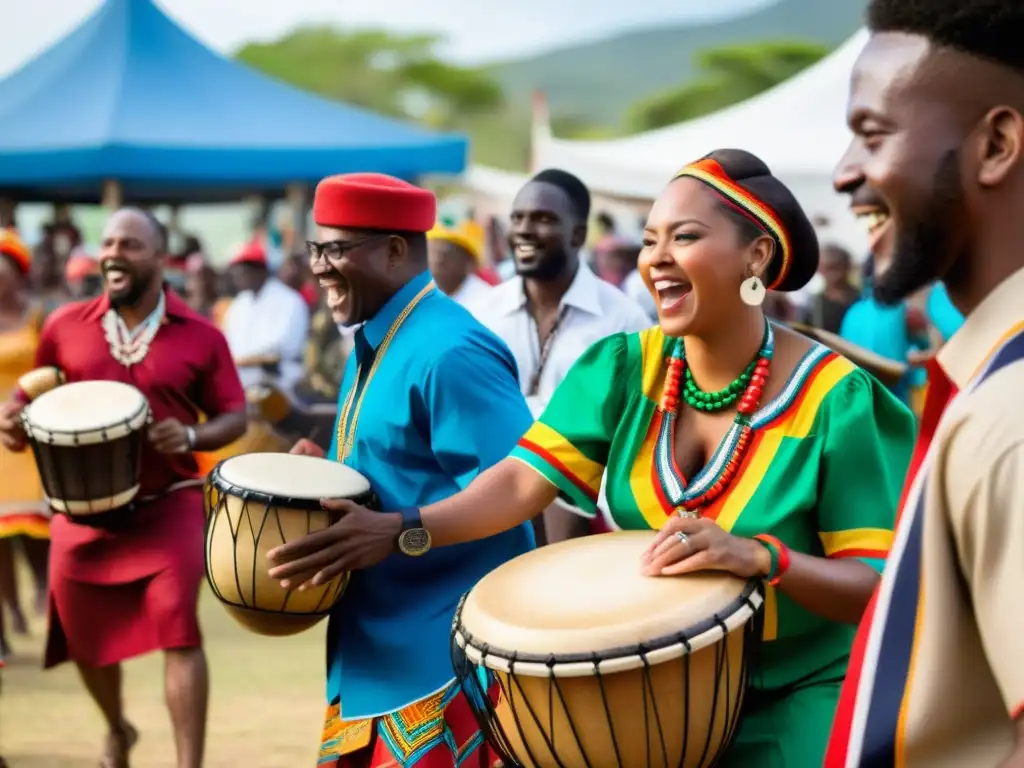 Una vibrante presentación de música afroantillana, con músicos tocando tambores, maracas y otros instrumentos tradicionales, rodeados de un animado público