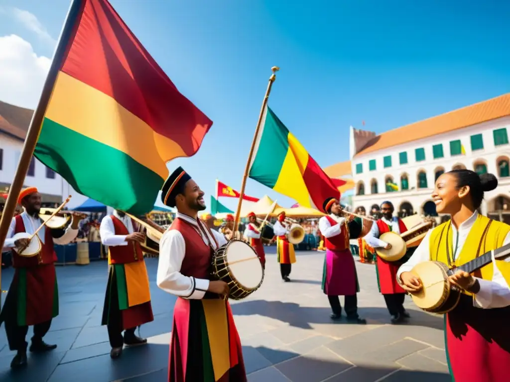 Vibrante fusión musical como puente cultural: músicos de diversas culturas tocan instrumentos tradicionales en una plaza con banderas coloridas