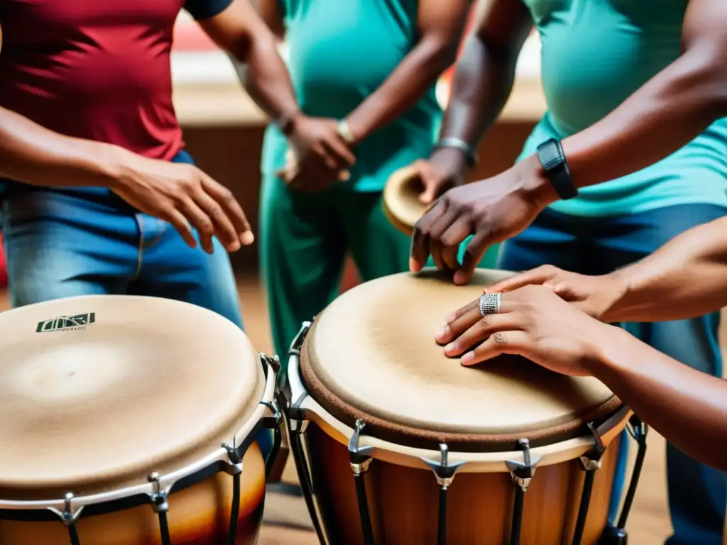 Un vibrante performance de músicos latinos tocando instrumentos de percusión tradicionales como congas, bongos y clave