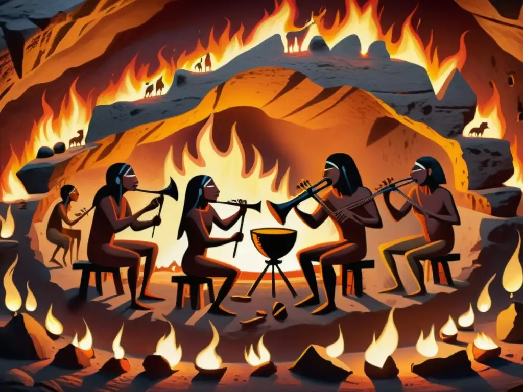 Vibrante pintura rupestre de músicos prehistóricos y sus instrumentos musicales en un ritual alrededor del fuego