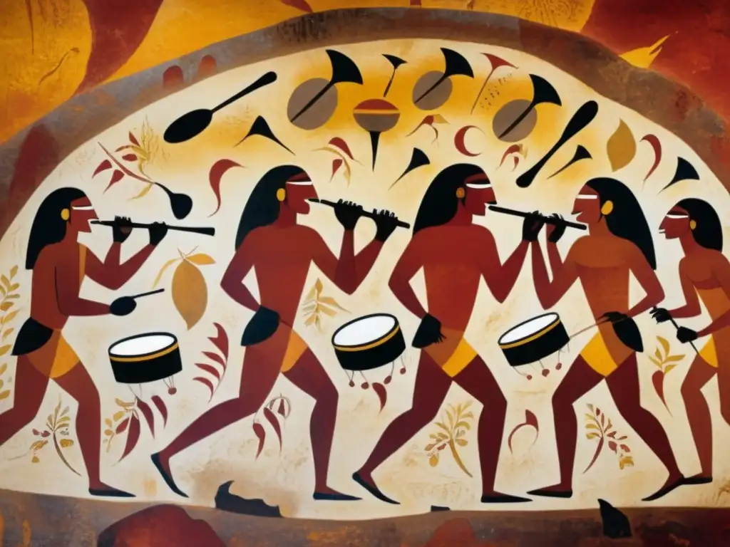 Vibrante pintura rupestre de prehistóricos tocando instrumentos de percusión en ceremonia, con figuras detalladas y símbolos abstractos en la cueva