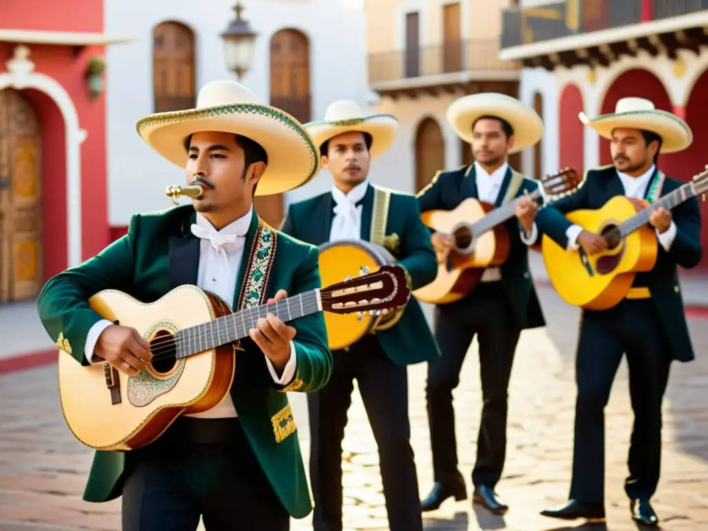 Un vibrante retrato de una banda de mariachis interpretando música en la plaza del pueblo, destacando los detalles de los instrumentos musicales