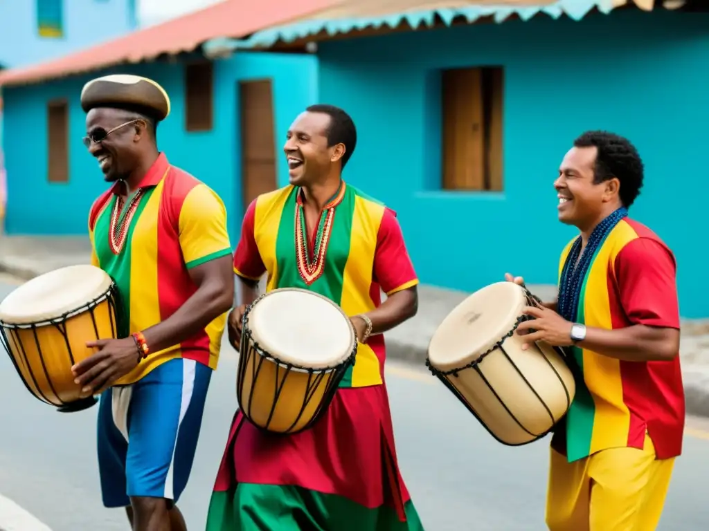 Un vibrante retrato documental en alta resolución de músicos afrocolombianos tocando el tambor alegre en una animada calle costera