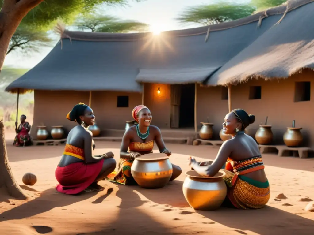 Vibrante ritual africano con mujeres tocando tambores Udu, capturando el significado espiritual del udu africano en una aldea tradicional