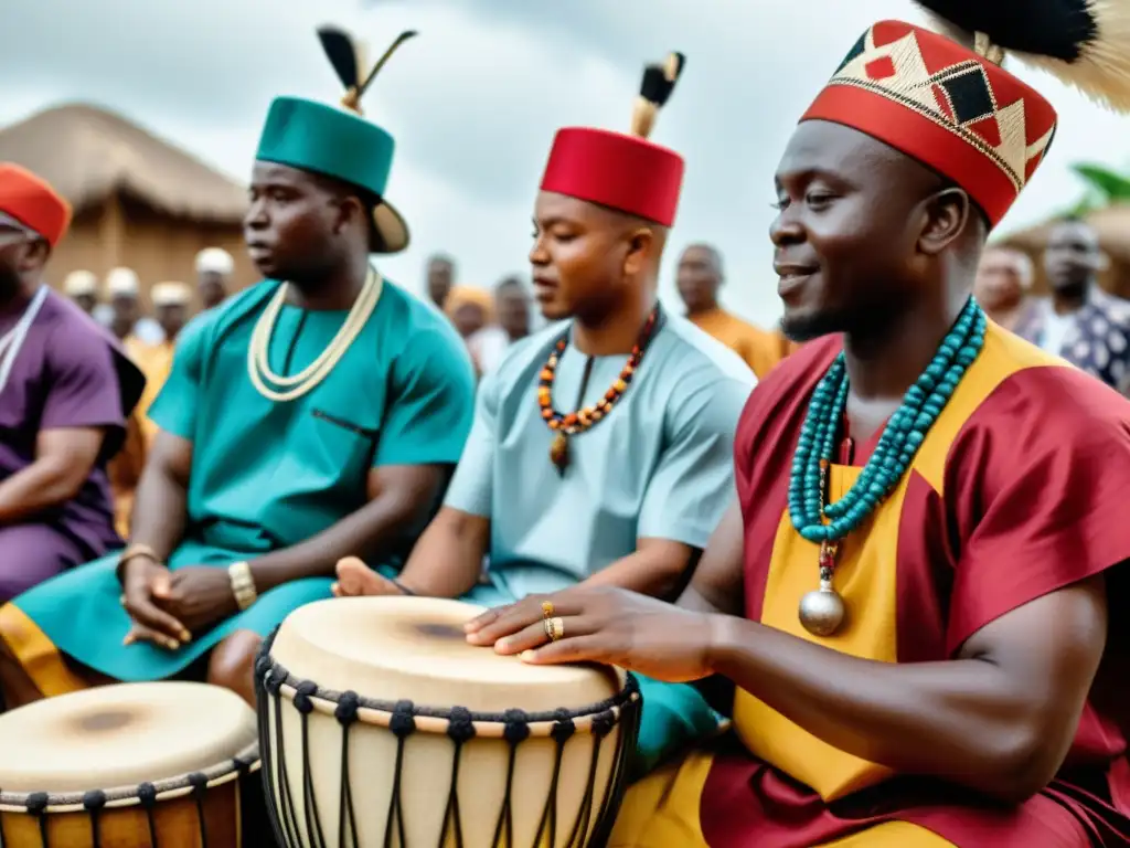 Un vibrante ritual de tambores Yoruba, con trajes tradicionales y símbolos pintados