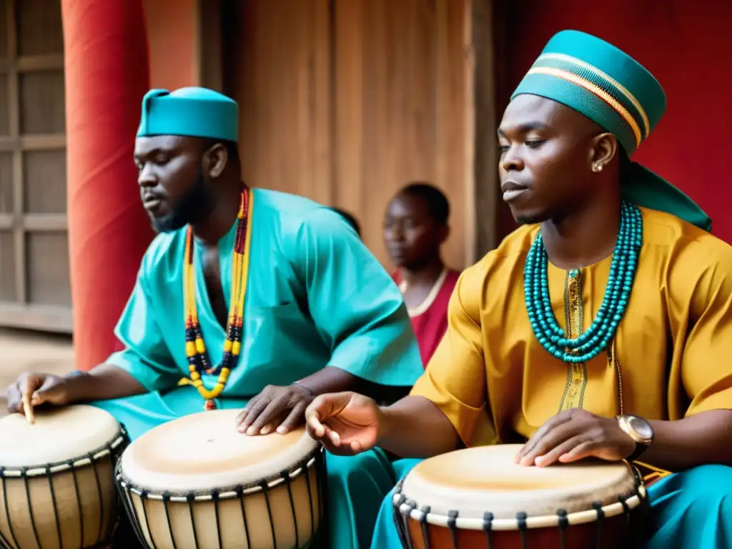 Un vibrante ritual Yoruba de tambores, con detalles coloridos y una atmósfera espiritual