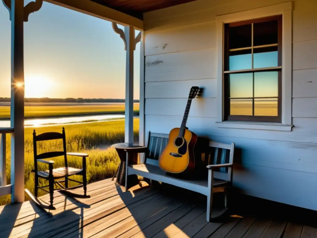 Vieja guitarra en el porche con vista al delta del Mississippi, evocando misterio, historia y el alma profunda del Delta Blues