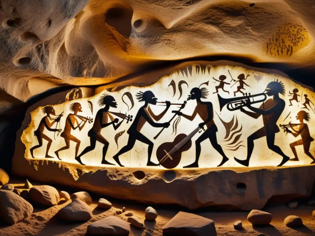 Vieja pintura rupestre de músicos prehistóricos tocando instrumentos de hueso y piel de animal, iluminados por antorchas en una cueva