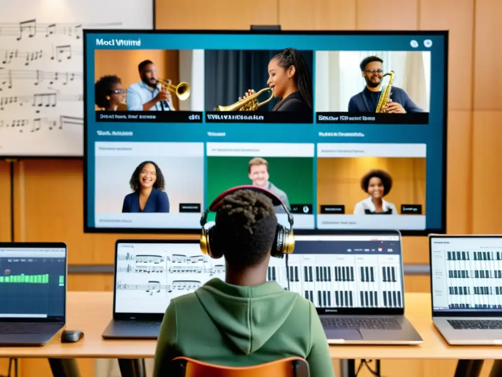 Aprender viento madera online: Estudiantes participan activamente en una clase virtual de música, tocando sus instrumentos y siguiendo las instrucciones en pantalla