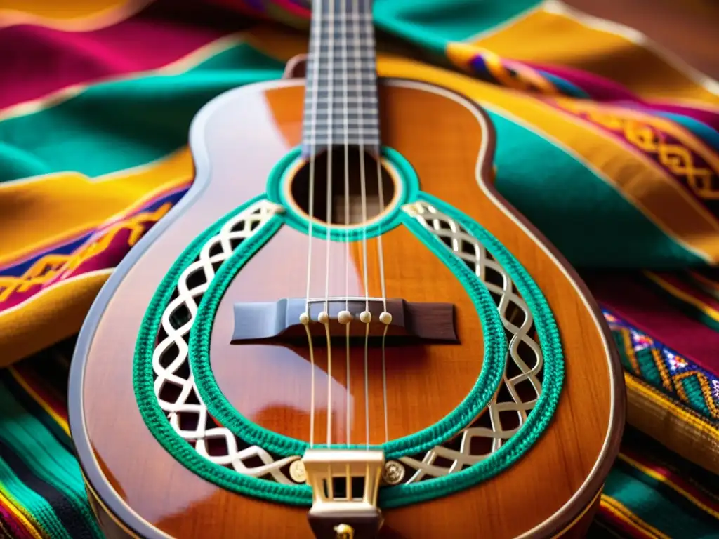 Una vihuela tradicional mexicana rodeada de instrumentos de mariachi y textiles coloridos, evocando la herencia renacentista de la música mariachi