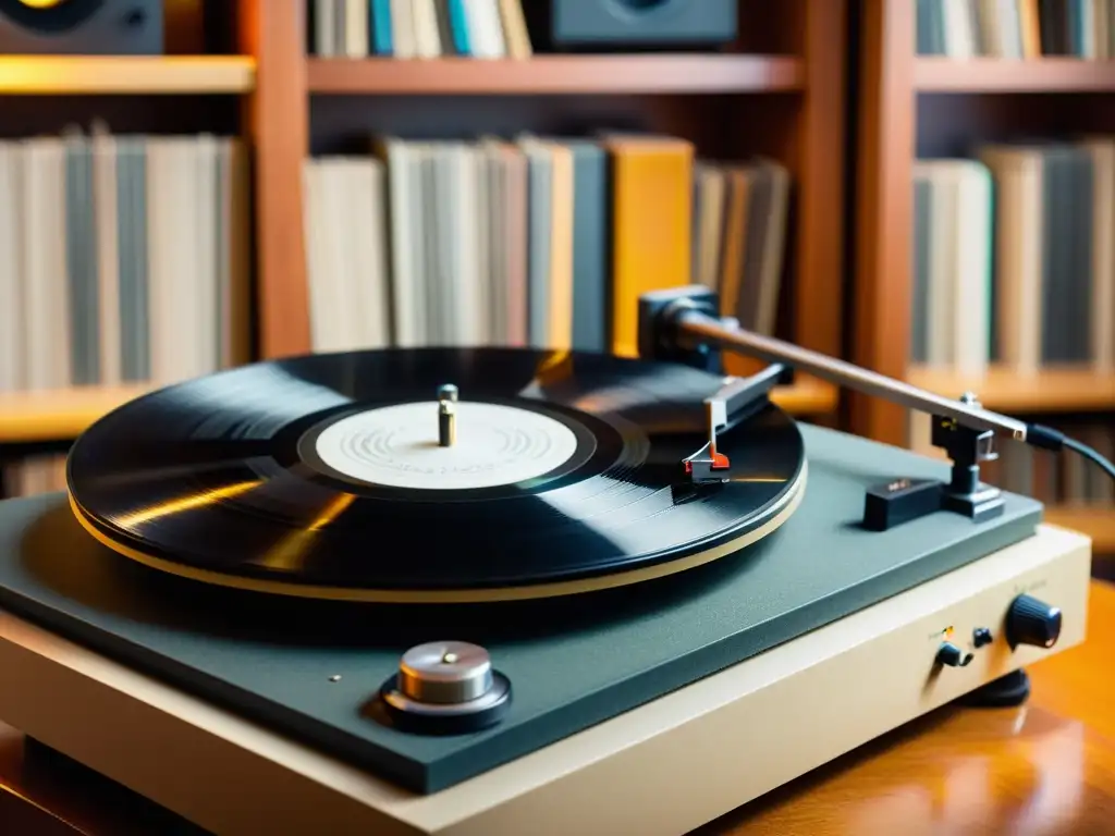 Vinilo antiguo girando en tocadiscos, rodeado de equipo vintage