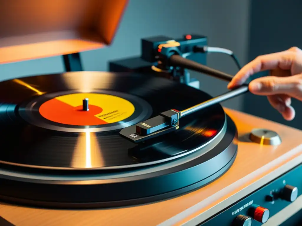 Un vinilo impecable se coloca en un moderno tocadiscos negro mate