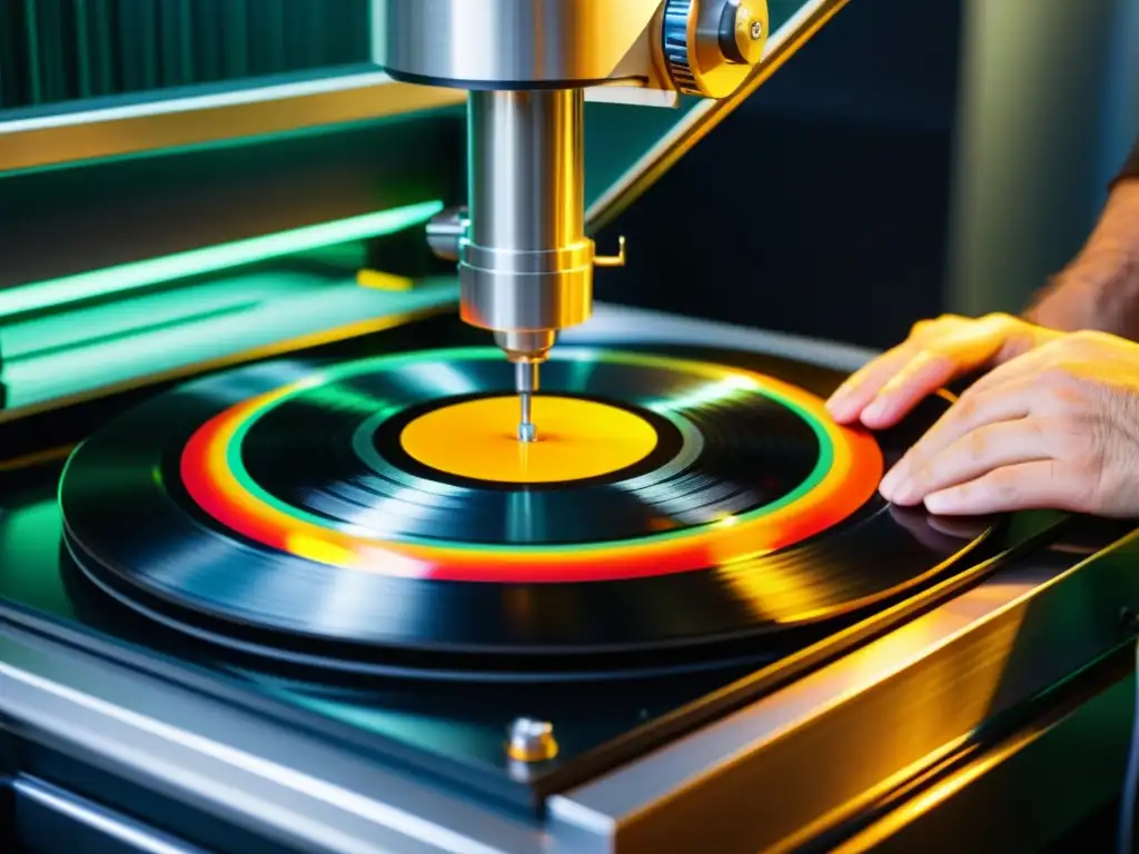 Vinilo siendo prensado en instalación musical ecoamigable, resaltando el impacto ambiental en la industria musical