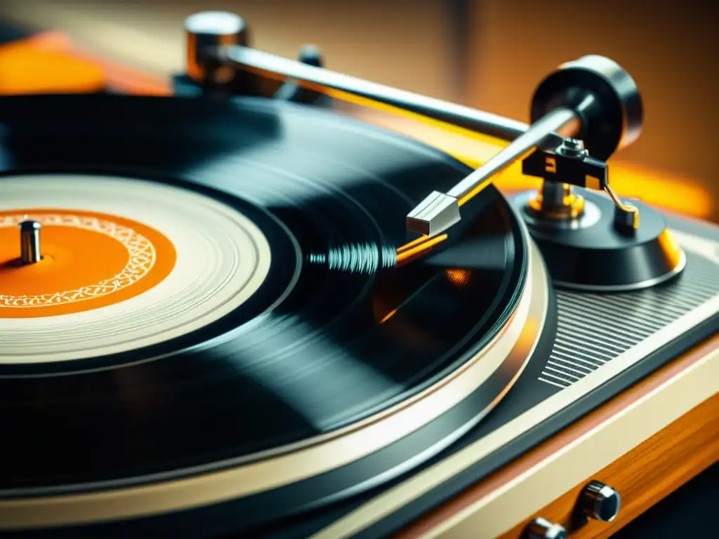 Vinilo girando en tocadiscos, detalle de surcos y aguja