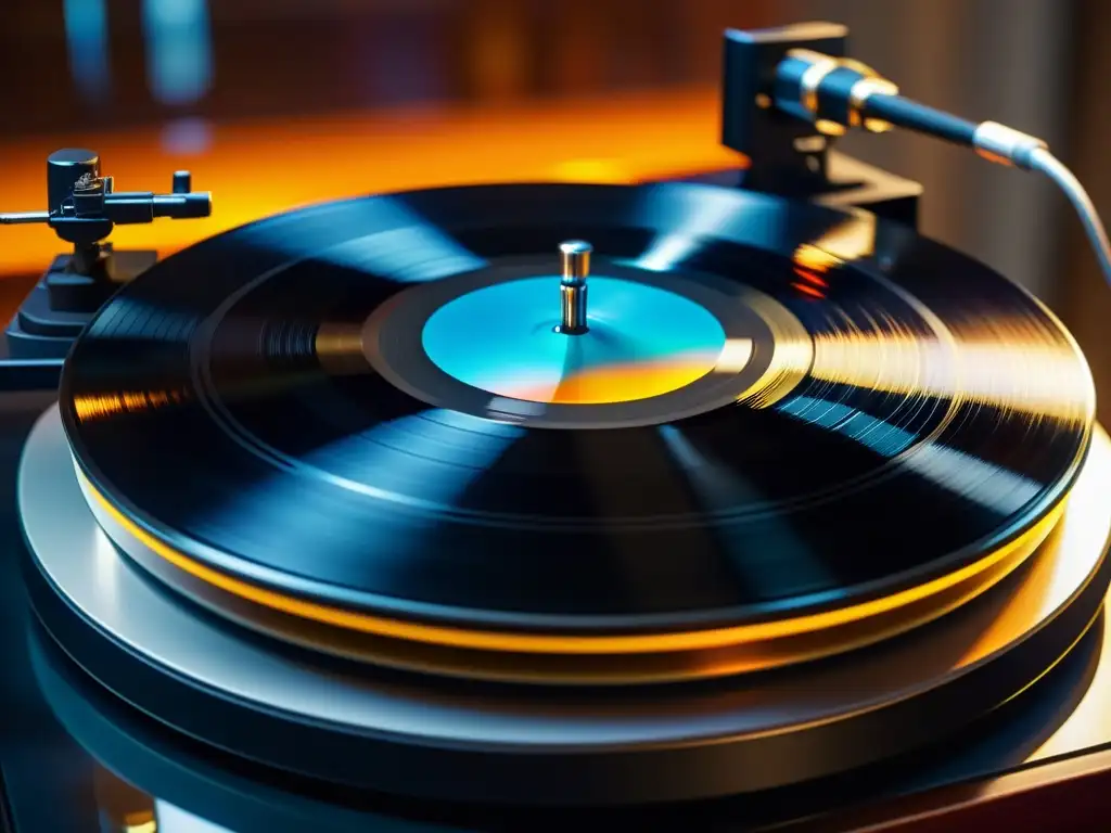 Un vinilo gira en un tocadiscos, reflejando instrumentos clásicos