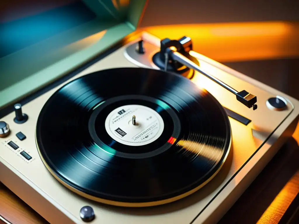 Vinilo en Turntable: Un Momento Intemporal Vinilo en tocadiscos vintage con una atmósfera nostálgica de preservación de grabaciones musicales eternas