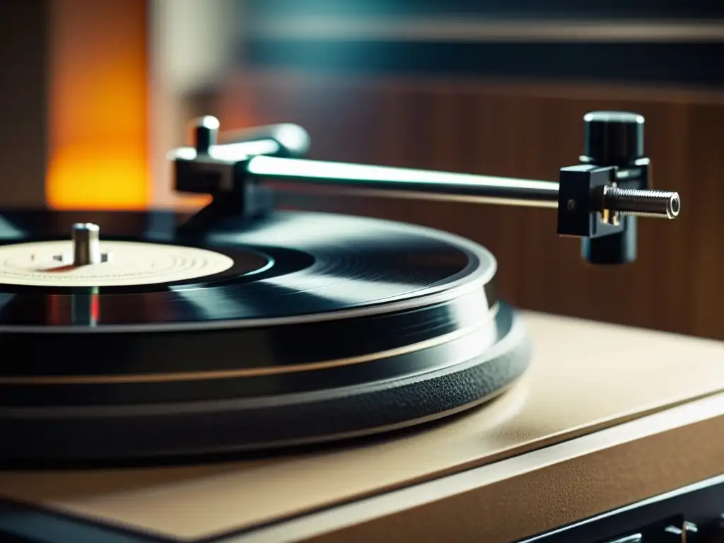Vinilo vintage: delicadeza al colocar el disco en el tocadiscos Vinilo vintage colocado en tocadiscos, preservación de grabaciones musicales eternas