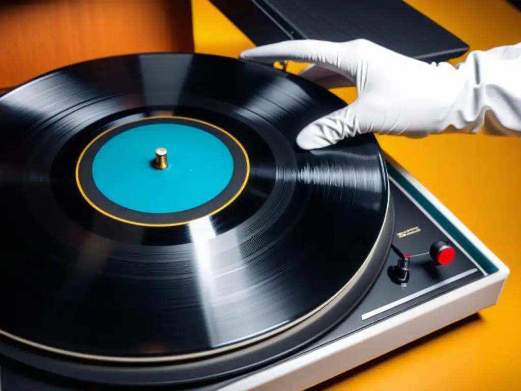 Vinilo vintage: cuidado y precisión al colocar en el tocadiscos Un vinilo vintage es manejado con cuidado y colocado en un tocadiscos por una persona con guantes blancos