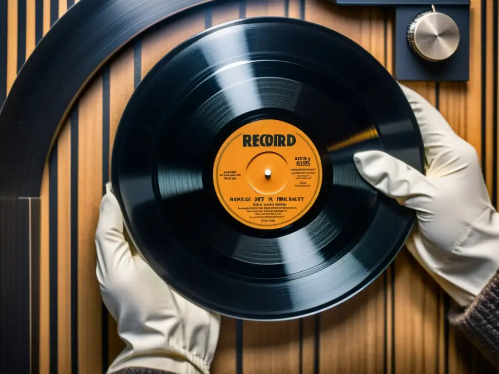 Vinilo vintage siendo cuidadosamente extraído de su funda en un estudio atmosférico