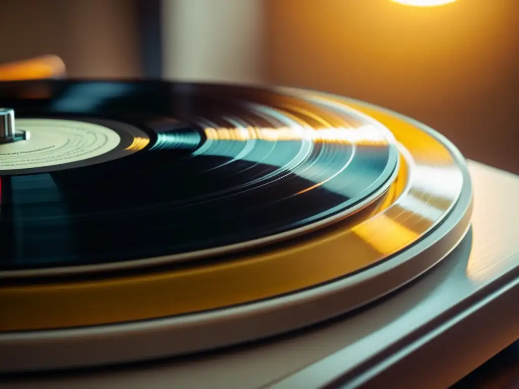 Un vinilo vintage gira en un tocadiscos, con la luz dorada creando una atmósfera nostálgica