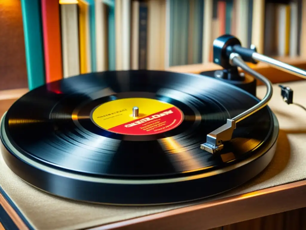 Un vinilo vintage en un tocadiscos polvoriento, con surcos e imperfecciones