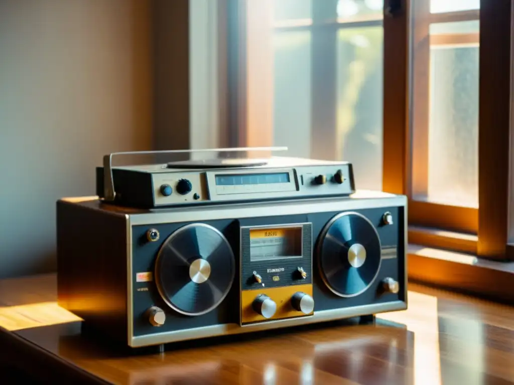 Grabadora de cinta vintage con nostalgia y autenticidad Vintage grabadora de cinta con desgaste visible y cintas de audio polvorientas