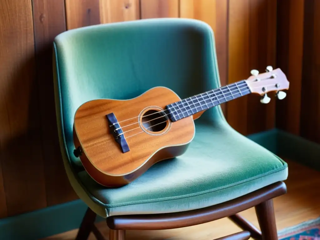 Un ukelele vintage reposa en una silla de madera, iluminado por el sol, evocando la autenticidad y nostalgia del ukelele en el Indie Pop
