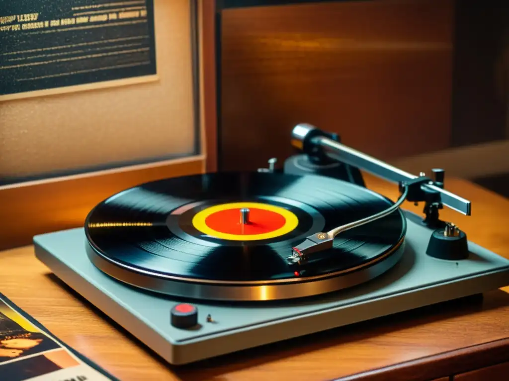 Vintage tocadiscos con vinilo girando, aguja moviéndose y ambiente nostálgico