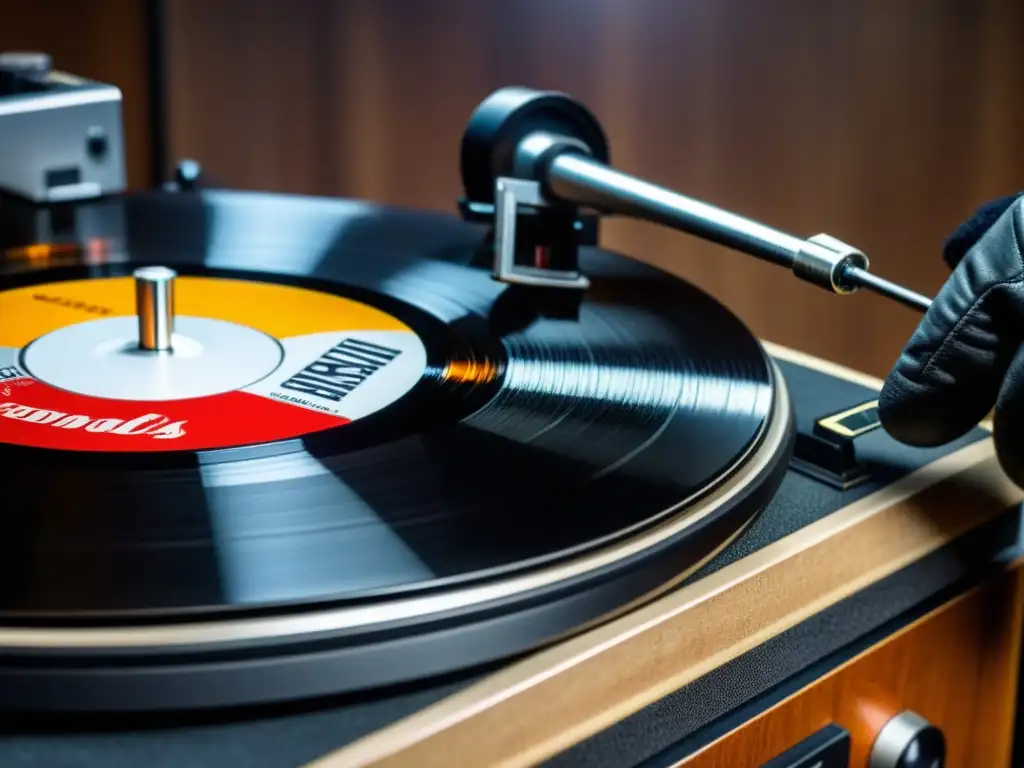 Vintage turntable con vinilo desgastado y DJ listo para actuar, capturando la historia del turntablism como instrumento en una actuación en vivo