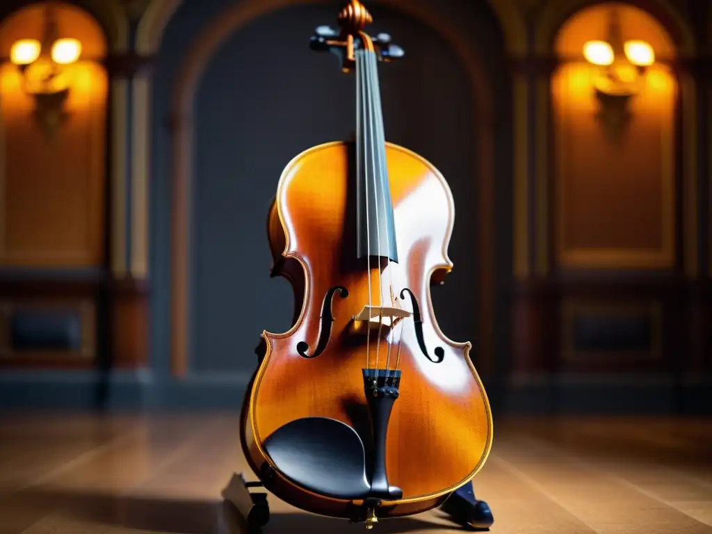 Una viola da gamba exquisitamente elaborada destaca en un elegante salón de conciertos, evocando el origen y evolución de la viola da gamba