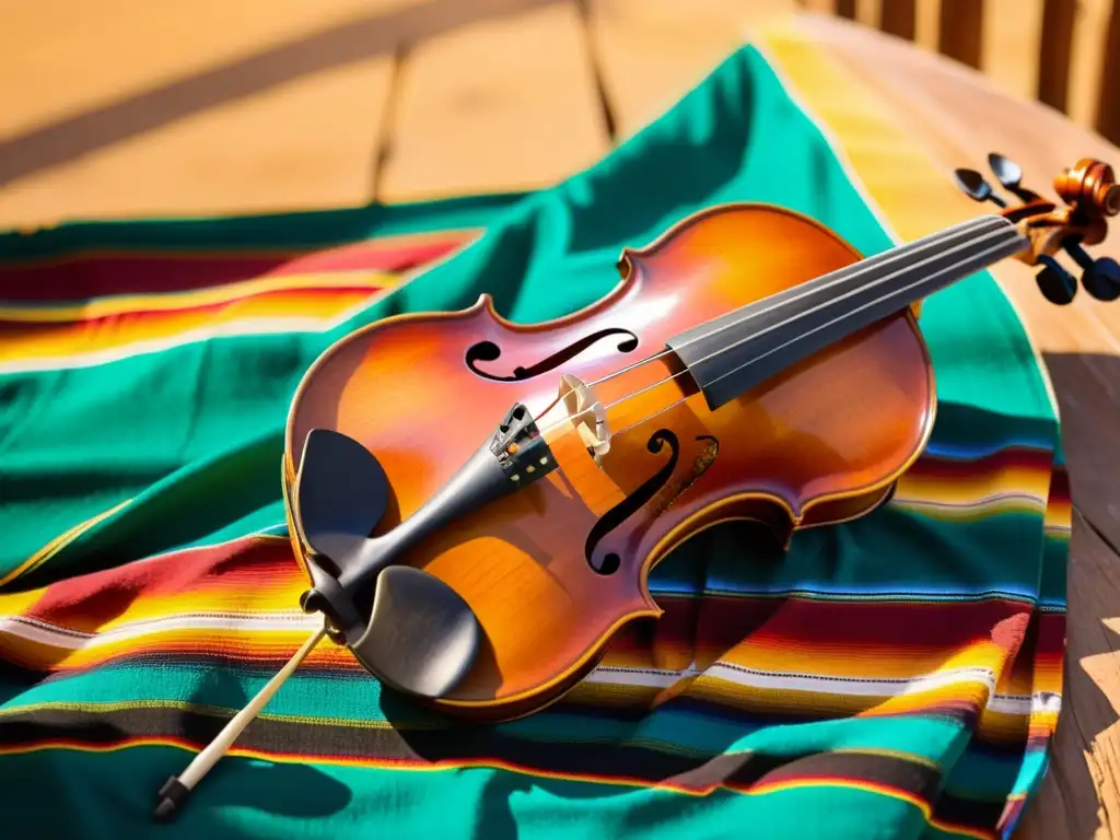 Un violín antiguo reposa sobre un sarape mexicano, iluminado por la cálida luz dorada del atardecer, rodeado de músicos de mariachi