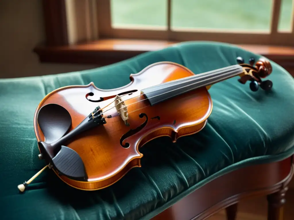 Un violín artesanal desgastado reposa en un cojín de terciopelo, iluminado por la luz suave que entra por la ventana