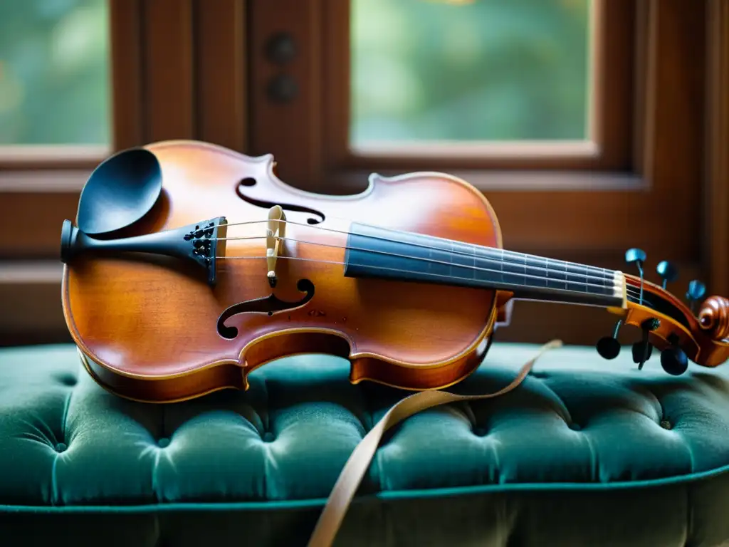 Una fotografía de un violín artesanal envejecido reposando sobre un cojín de terciopelo, iluminado por una suave luz natural