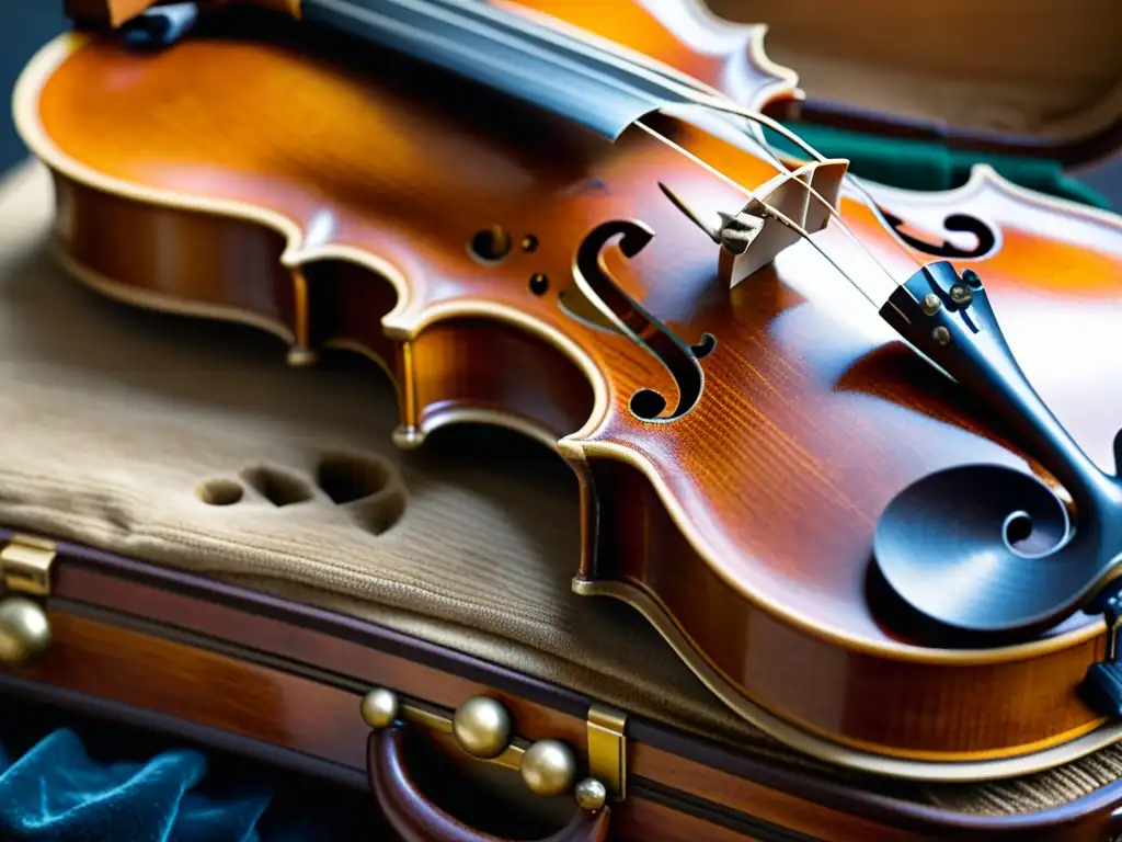 Violín artesanal en estuche de terciopelo, muestra historia de instrumentos musicales exiliados con desgaste y reparaciones