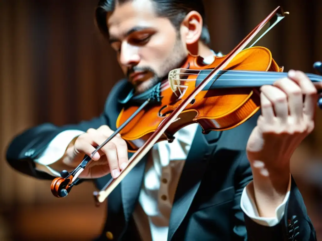 Un violin barroco se toca con destreza, resaltando la ornamentación en las cuerdas