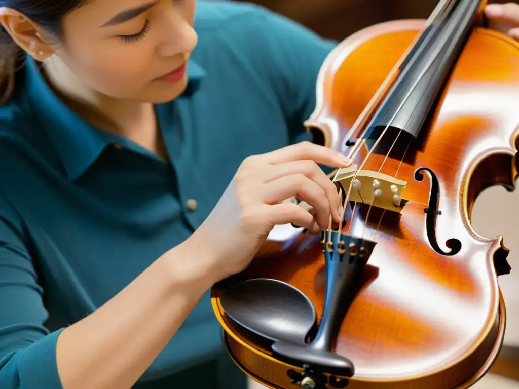 Un luthier examina detenidamente un violín centenario bajo una intensa luz natural, mostrando la dedicación y precisión en la conservación de instrumentos musicales históricos