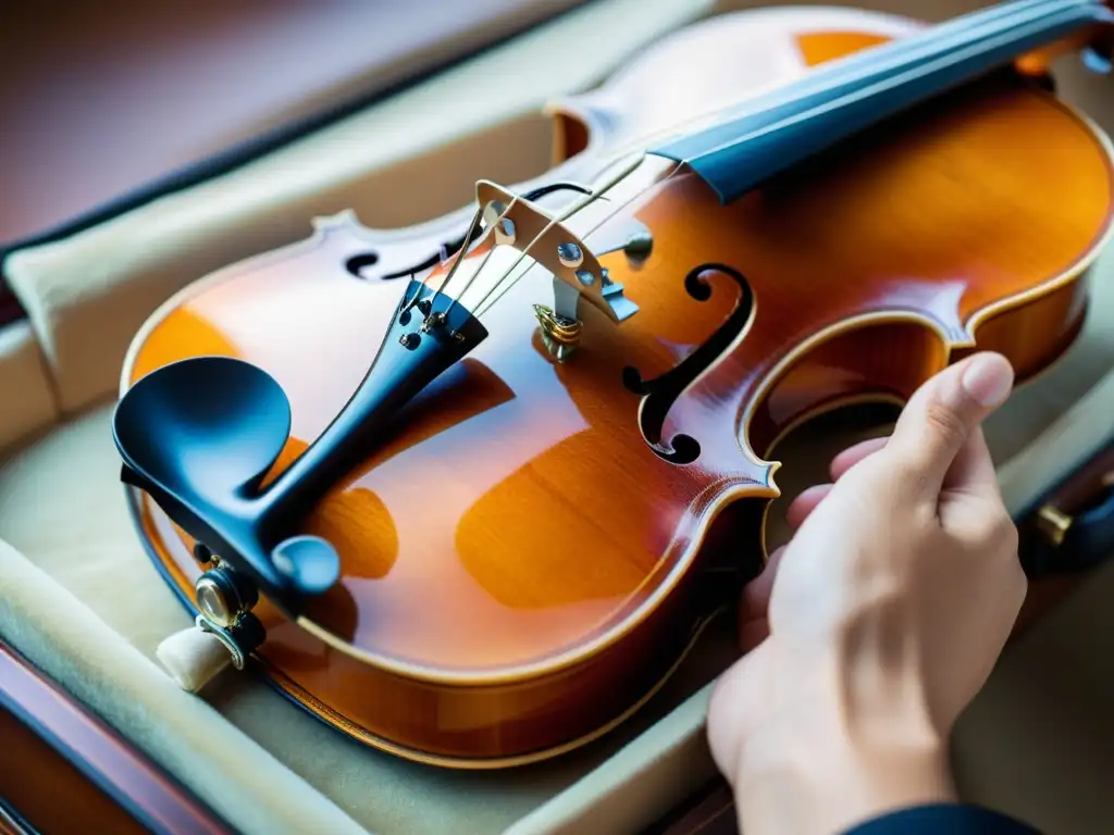 Un violín siendo colocado con cuidado en un estuche acolchado a medida