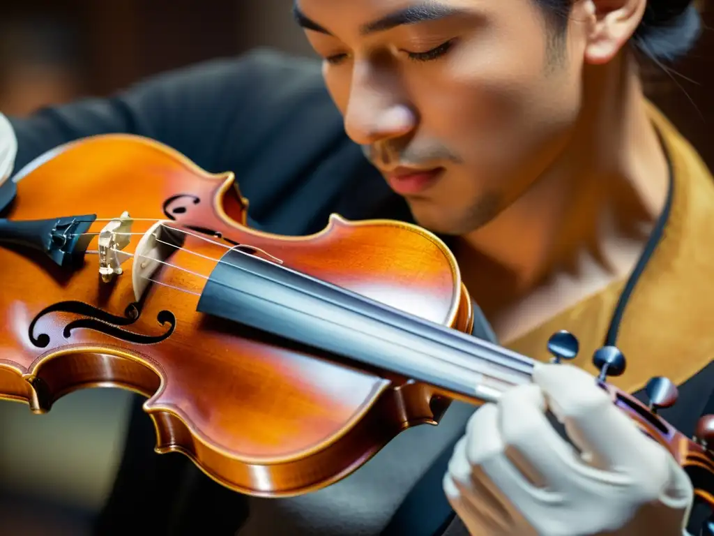 Un luthier examina minuciosamente un violín Stradivarius bajo cálida iluminación, ajustando las cuerdas con destreza