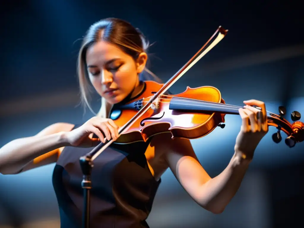 Un violin eléctrico futurista es tocado con pasión en un escenario industrial