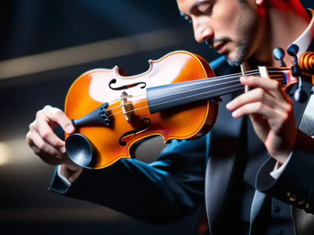 Un violin de fibra de carbono se toca en un escenario con luces suaves, mostrando la pasión y energía del músico