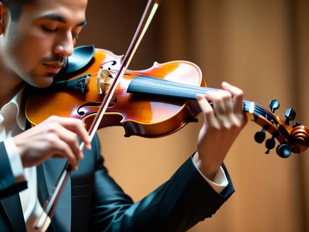 Un violín siendo tocado, con foco en las manos del músico y la vibración sutil del instrumento