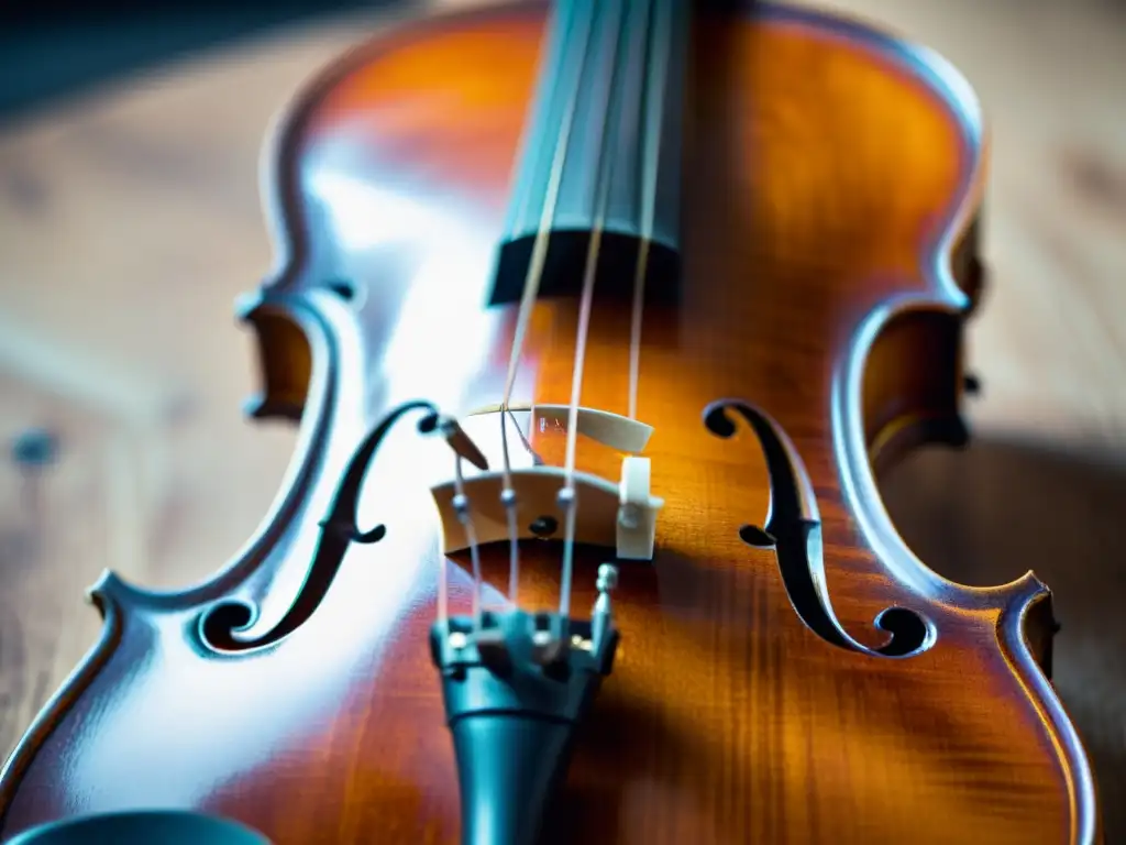 Una fotografía de alta resolución de un violín histórico del siglo XVII, resaltando su exquisita madera y detalles artesanales