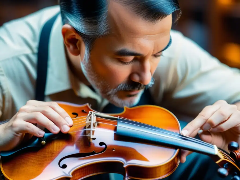 Un luthier inspecciona detalladamente un violín moderno, preservación de instrumentos musicales modernos