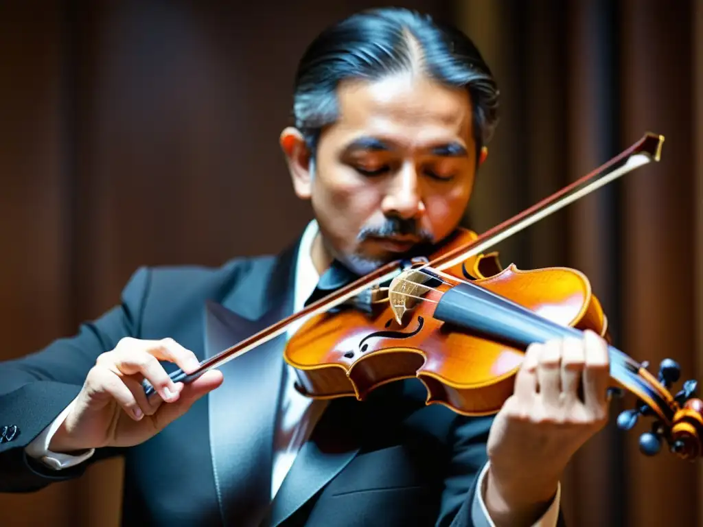 Un violin tradicional siendo tocado por un músico habilidoso, mostrando la evolución de instrumentos de cuerda