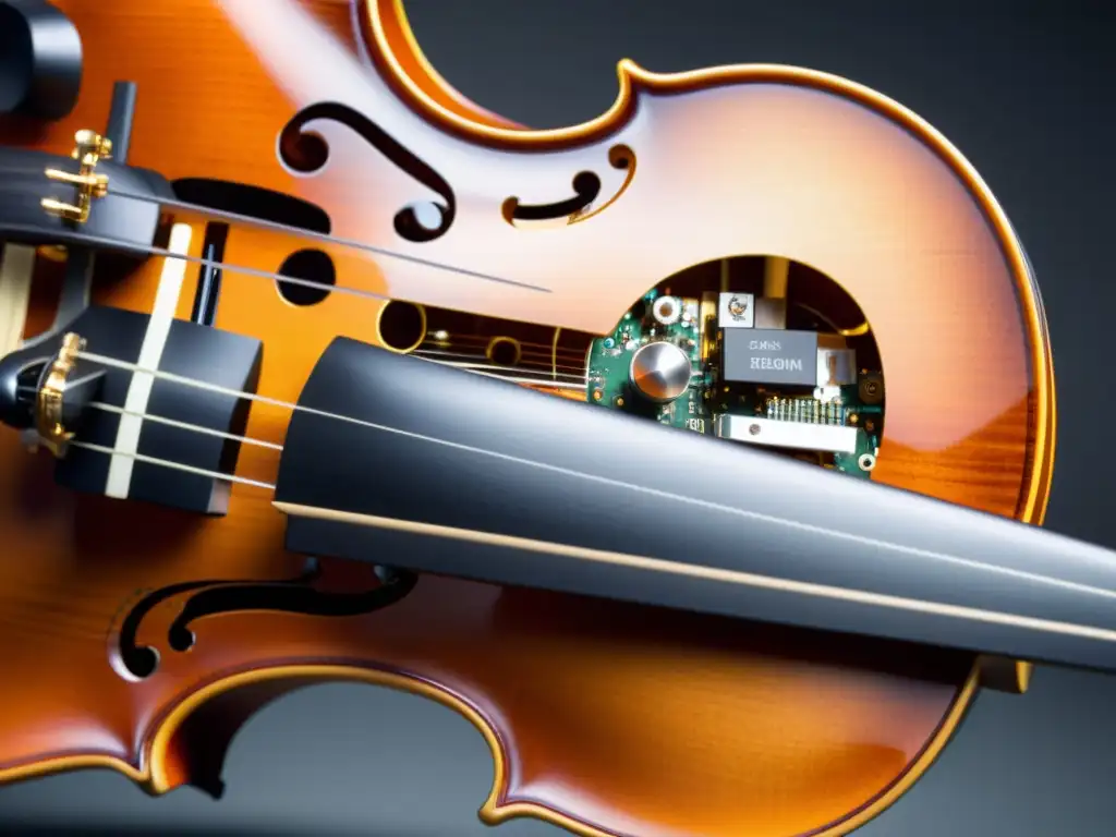 Un violín tradicional se fusiona con nuevas tecnologías en instrumentos musicales, mostrando innovación y evolución en la música